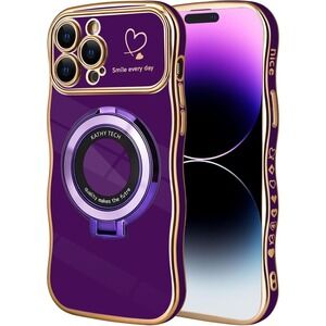 iPhone 13 Pro Max Case Curly Wavy Frame Purple Magnetic Ring Kickstand Heart